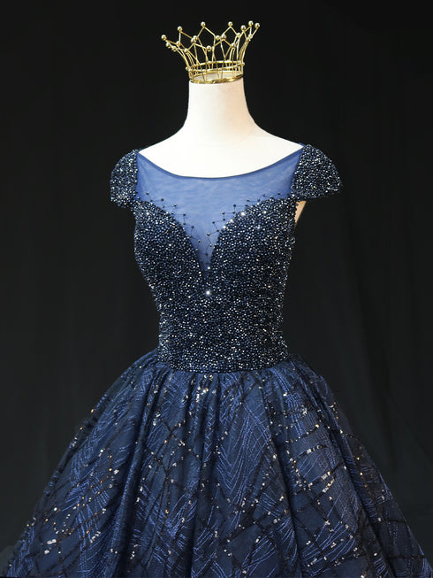 Gothic Royal Blue Tulle Ball Gown Wedding Dress - Cap Sleeve Dress - Royal Blue Prom Dress Plus Size